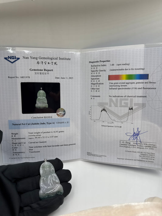 Jade GuanYin Pendant 18k white gold - 天然翡翠牌 NGI Certified